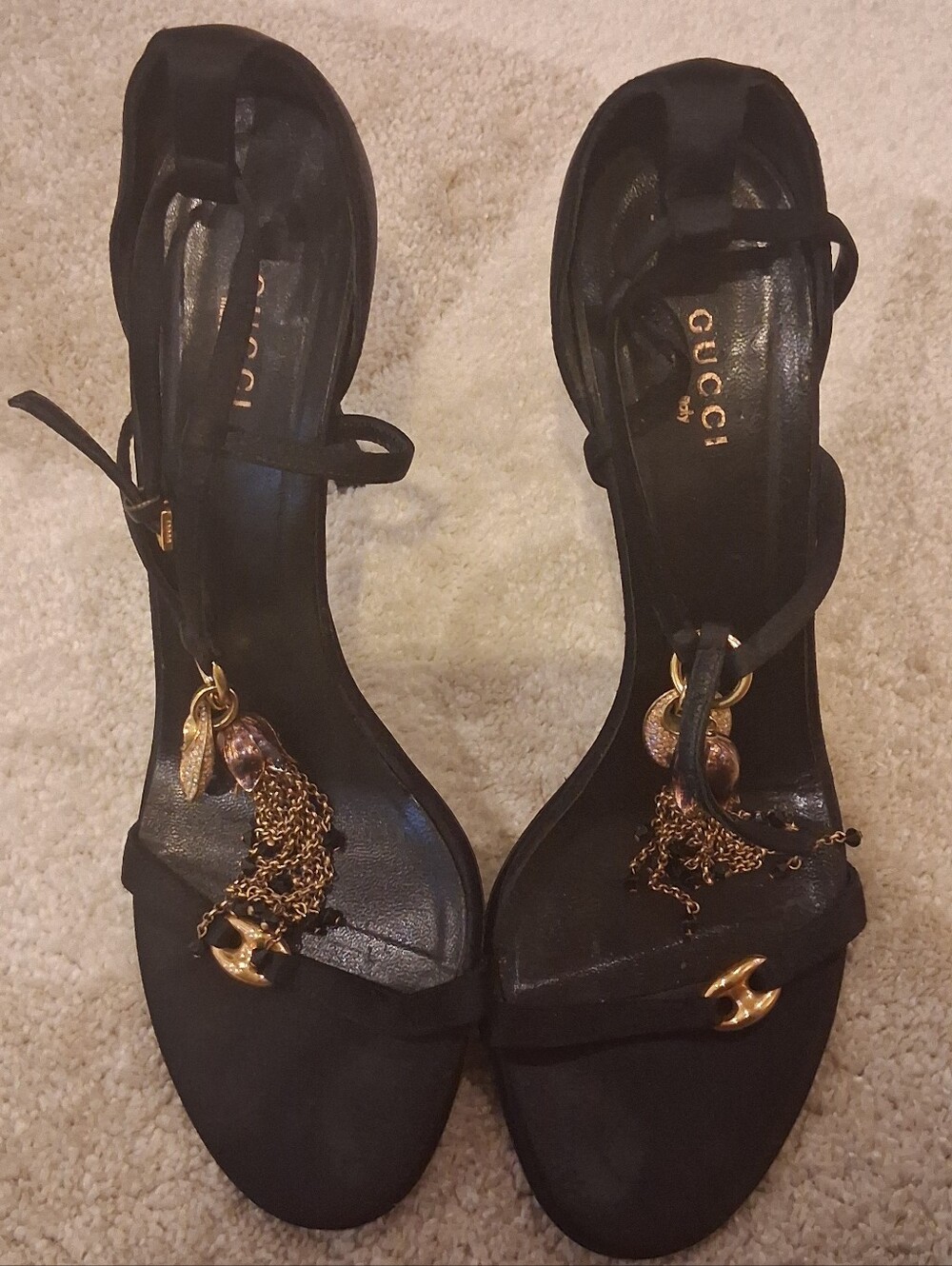 Vintage Gucci Black Leather Ankle-Strap Heels with Gold Chain Charms